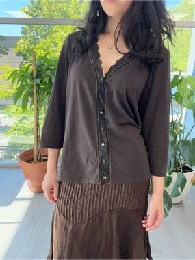 95% cotton Women's Black Button-Front Lace and velvet Trim Top